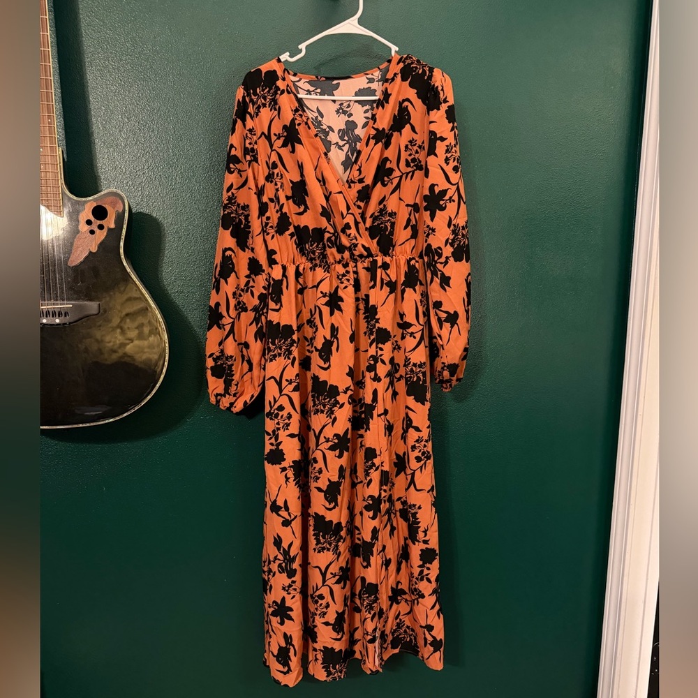 SHEIN Orange Maxi Dress with Black Floral Print